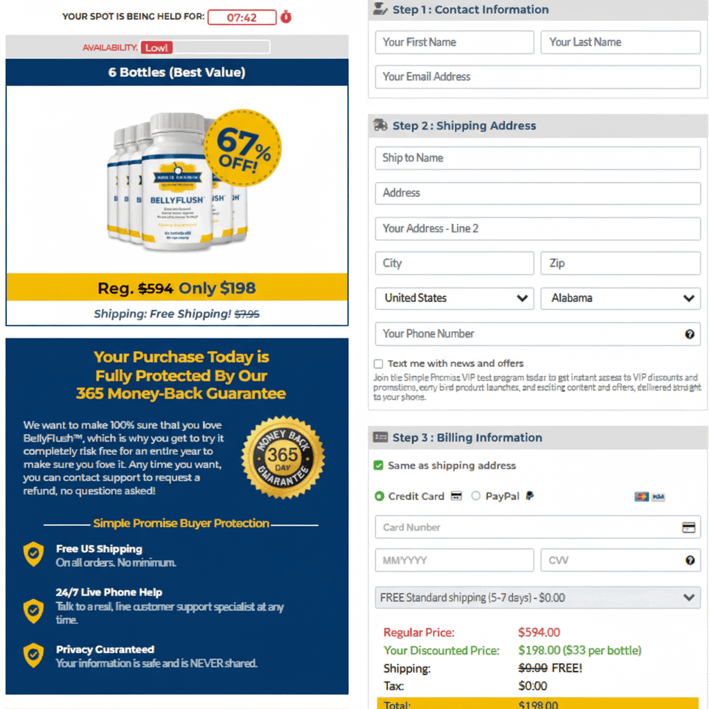 BellyFlush buy now button on official checkout page for detox and cleanse supplement - safe purchase for reducing bloating and supporting gut and colon health.